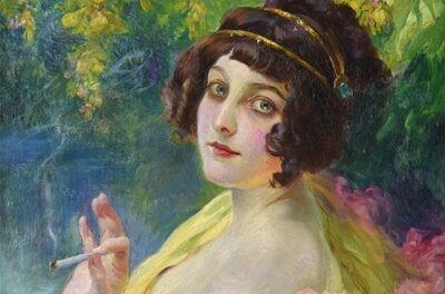 Tableau de Paul GERVAIS (1859-1944). Femme à la cigarette, 20e siècle (détail). Perpignan, Musée d’art Hyacinthe Rigaud.