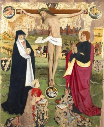 Christ en croix entre la Vierge, saint Jean et les donateurs présumés : le roi Charles VII et le Dauphin