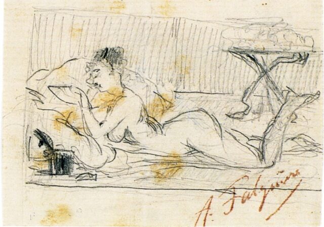 Femme nue allongée lisant.
