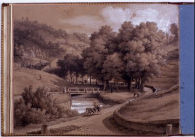 Vue de Plombières, avec pont, arbres, promeneurs et cheval au premier plan.